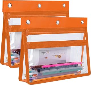 YoeeJob Pencil Pouch for 3 Ring Binder with 1.5 inch Expandable Large Capacity, Double Pockets Zipper Pencil Case, Pencil Binder Pouch for School Office Home，Orange, 2 Packs