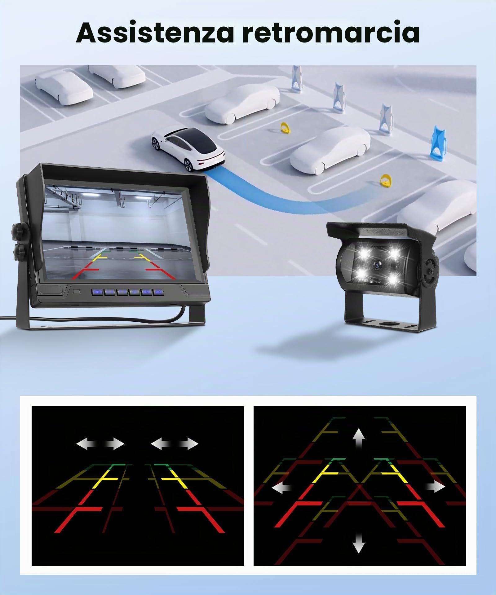 Telecamera Retromarcia Set 4 Telecamere, 9 Pollici Monitor 4 Schermi Suddivisi, IP68 Impermeabile/Visione Notturna/DVR/Loop Video/Ausilio al Parcheggio, per Camion/Bus/KFZ/Furgone/Camper con 35M Cavo