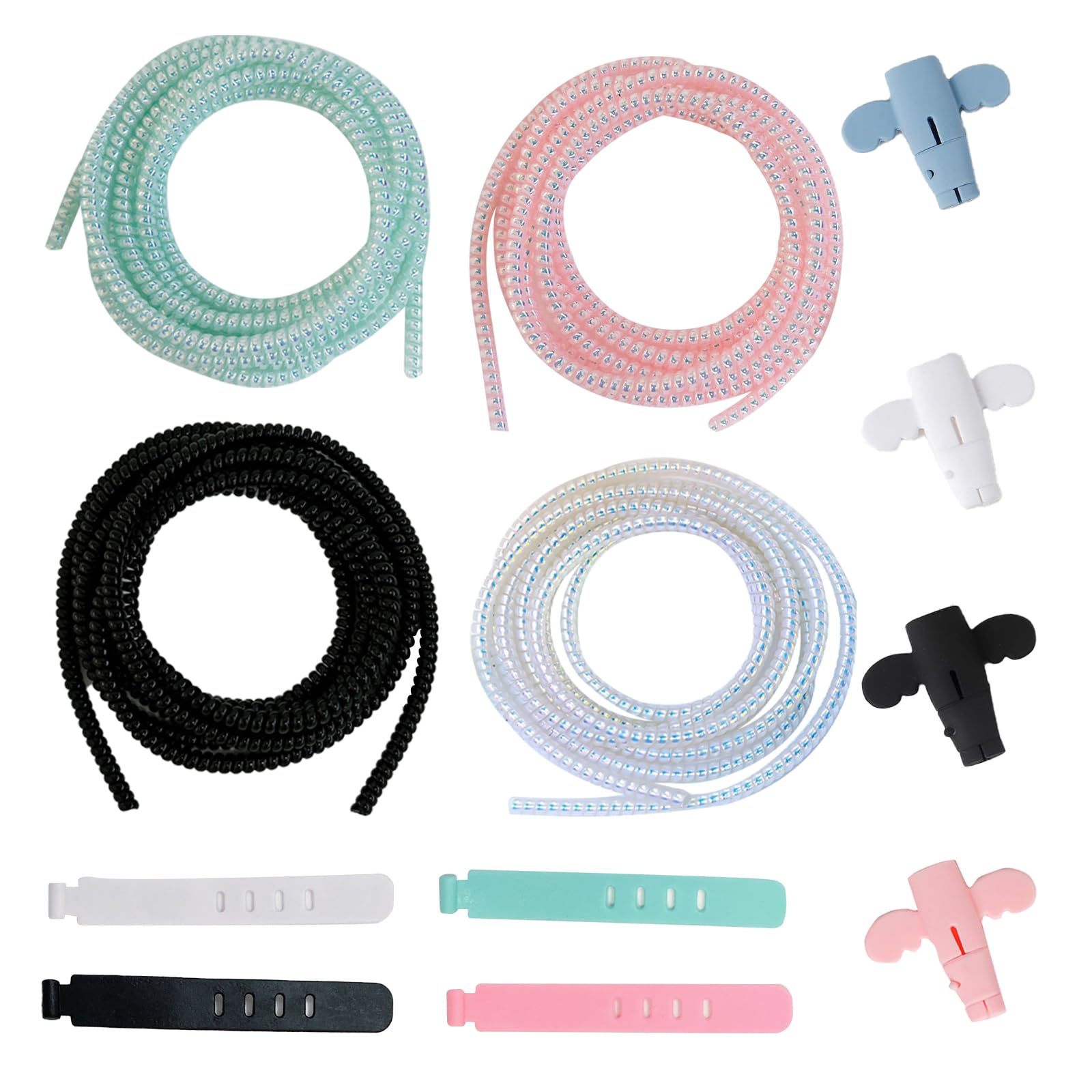 KASESSS 4 Spiral Cable Wrap, 4 Silicone Charger Protector, 4 Cable Ties, USB Cable Sleeve 1.4M, Cute Charging Cable Protector