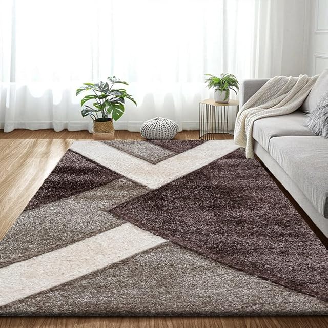 B&B Stylish Large Area Rugs For Living Room - Non Shedding Dense Pile Shaggy Rug For Bedroom Kitchen Carpet Runner Non Slip Floor Mat - Brown Beige Cream - Nova, 120 x 170 cm