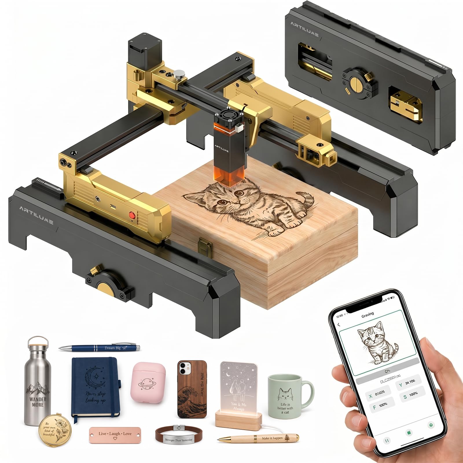 Photo 1 of Artilume Laser Engraver 7000mW Foldable Laser Engraving Machine with App Control Lazer Cutter Machine with Height Extension and Cover 200x150mm Engraving Area for Wood Leather Acrylic DIY Crafts(T1)