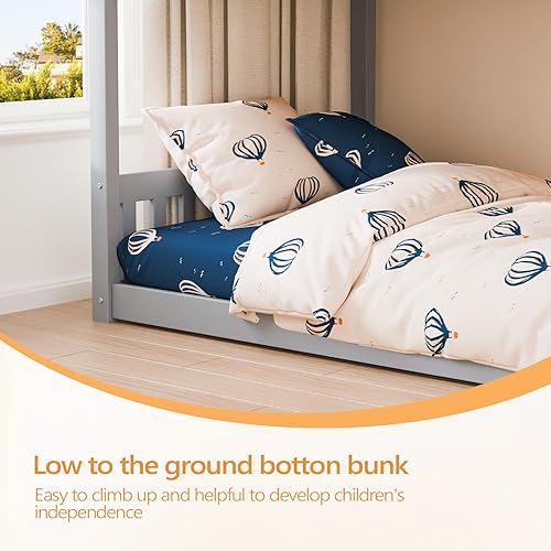 Miniatura 6 de JOYMOR Litera baja de madera maciza individual sobre individual para niños/jóvenes, marco de cama con barandillas y escalera para niños y niñas, no