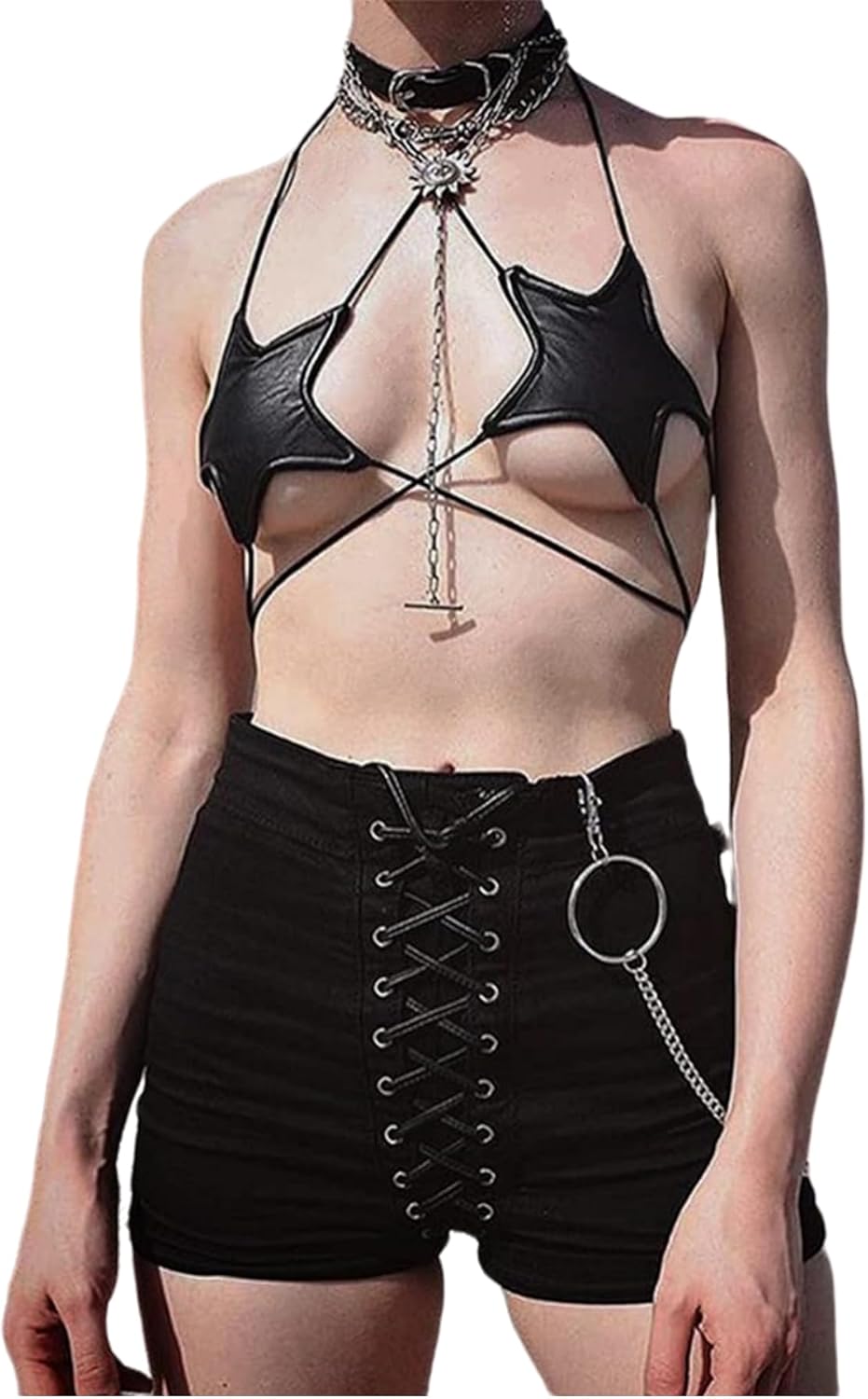 Women's Metallic Holographic Star Bra Crop Top Lace Up Halter Bralette Bandeau Camisole - Image 3