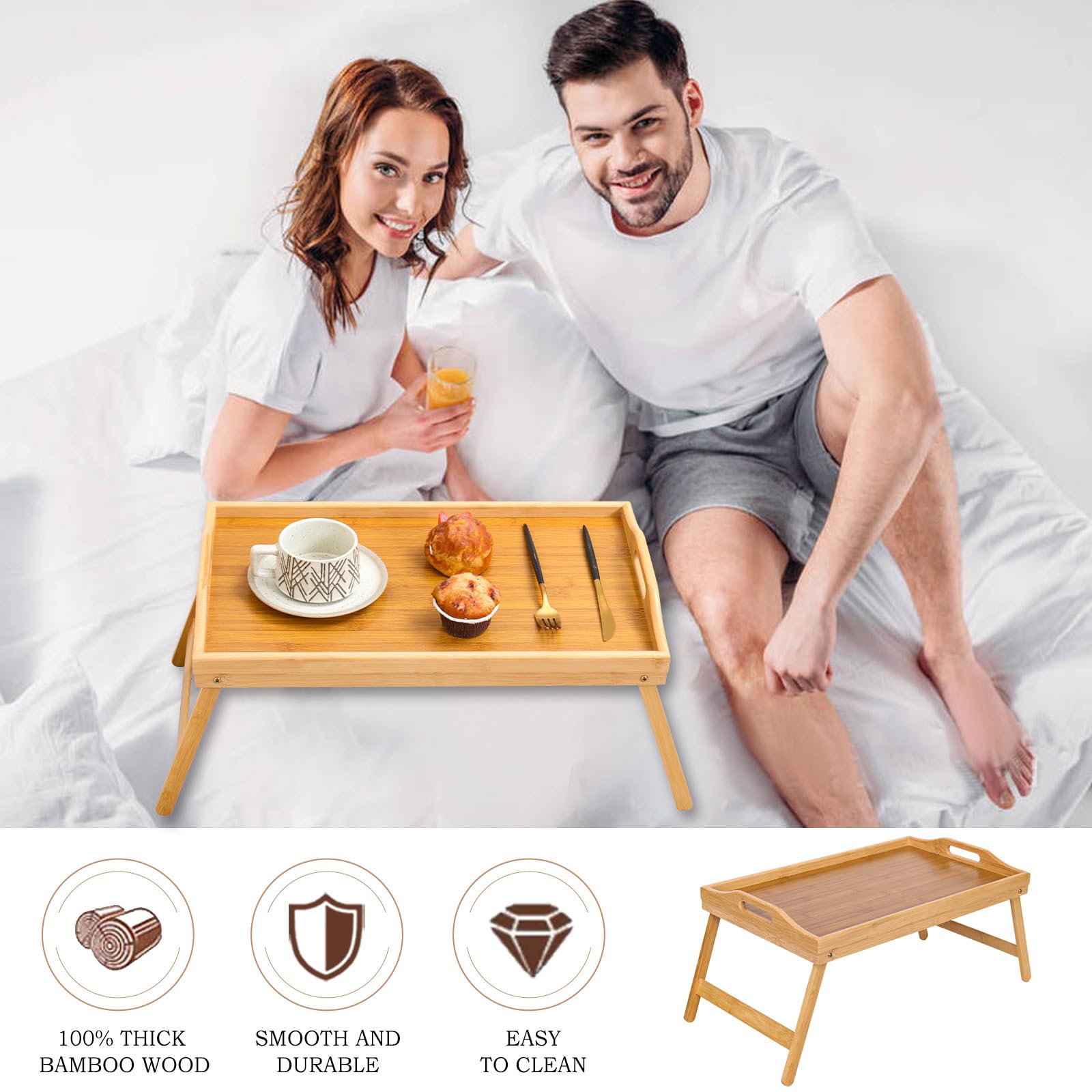 Betttablett Bambus, Klappbaren Serviertablett für Frühstück mit Griffen, Multifunktionaler Frühstückstisch für Bett, Sofa & Boden, Ideal für Frühstück, Arbeiten, Lesen & Entertainment.
