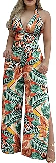 Rompers for Women Dressy Sexy Halter Deep V Neck Jumpsuit Tropical Print Wide Leg Pants High Slit Romper