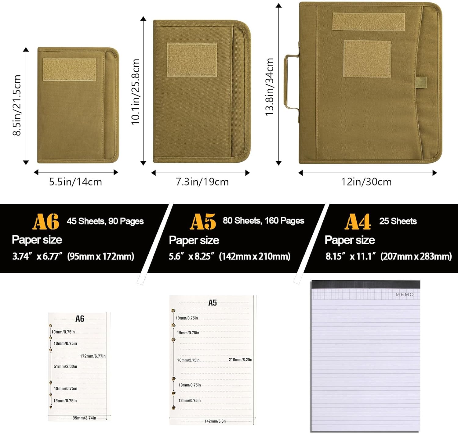 Kosibate Tactical Notebook Padfolio Ring Binder with 80 Sheets, Tactical Binder Zippered for Folders, Cards Refillable 6-Ring Notepad,Army Military Waterproof Notebook Cover(Khaki,7.3"x10.1")