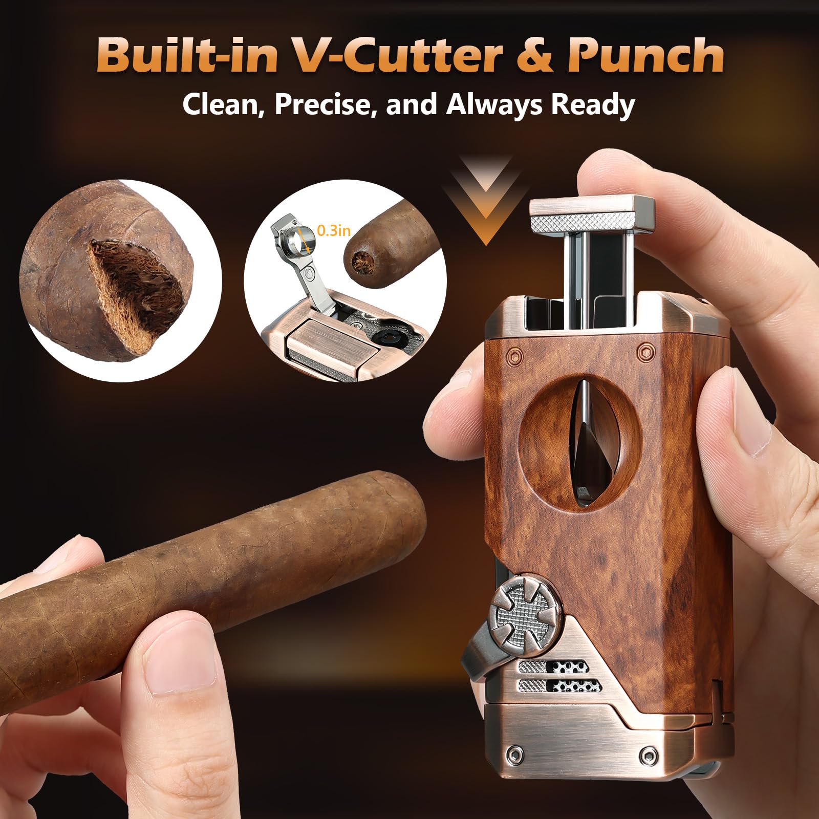 Joyoldelf Encendedor de Cigarro con Antorcha Cuadruple Llama - Encendedor Recargable de Butano a Chorro Resistente al Viento con Cortador, Punzón y Ventana de Combustible (Sin Butano) - Regalo Premium