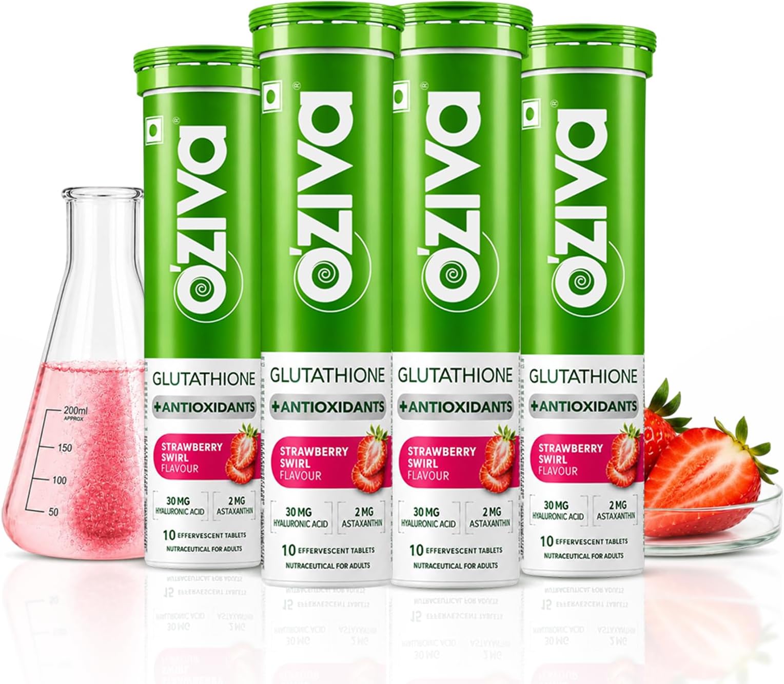 Glutathione + Antioxidants | Glutathione tablets For Radiance & Even Skin Tone | With Hyaluronic Acid & Astaxanthin, Strawberry Swirl - Pack of 4 (60 Tablets)