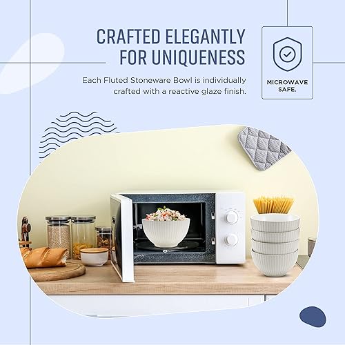 Miniatura 3 de American Atelier Juego de 4 cuencos de cereales estriados  Juego de 4 cuencos de cerámica para sopa de cocina  Pasta, ramen, juego de ensaladeras de