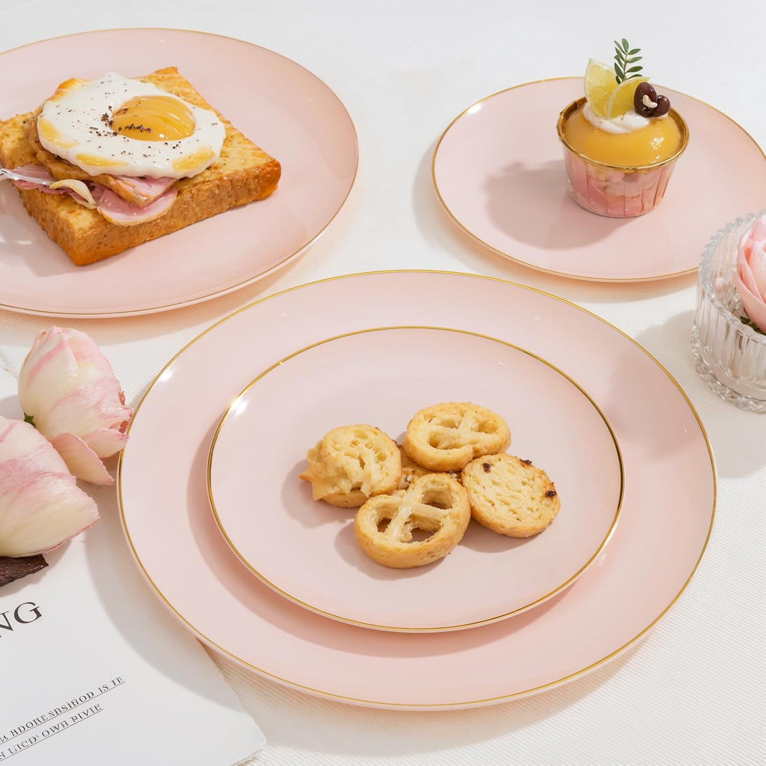 PULOTE 200Pieces Pink Plastic Plates - Premium Hard Pink and Gold Disposable - Include 100PCS 10 inch Dinner & 100PCS 7 inch Dessert Plates, Ideal for Wedding, Party & Valentines Day - Image 8