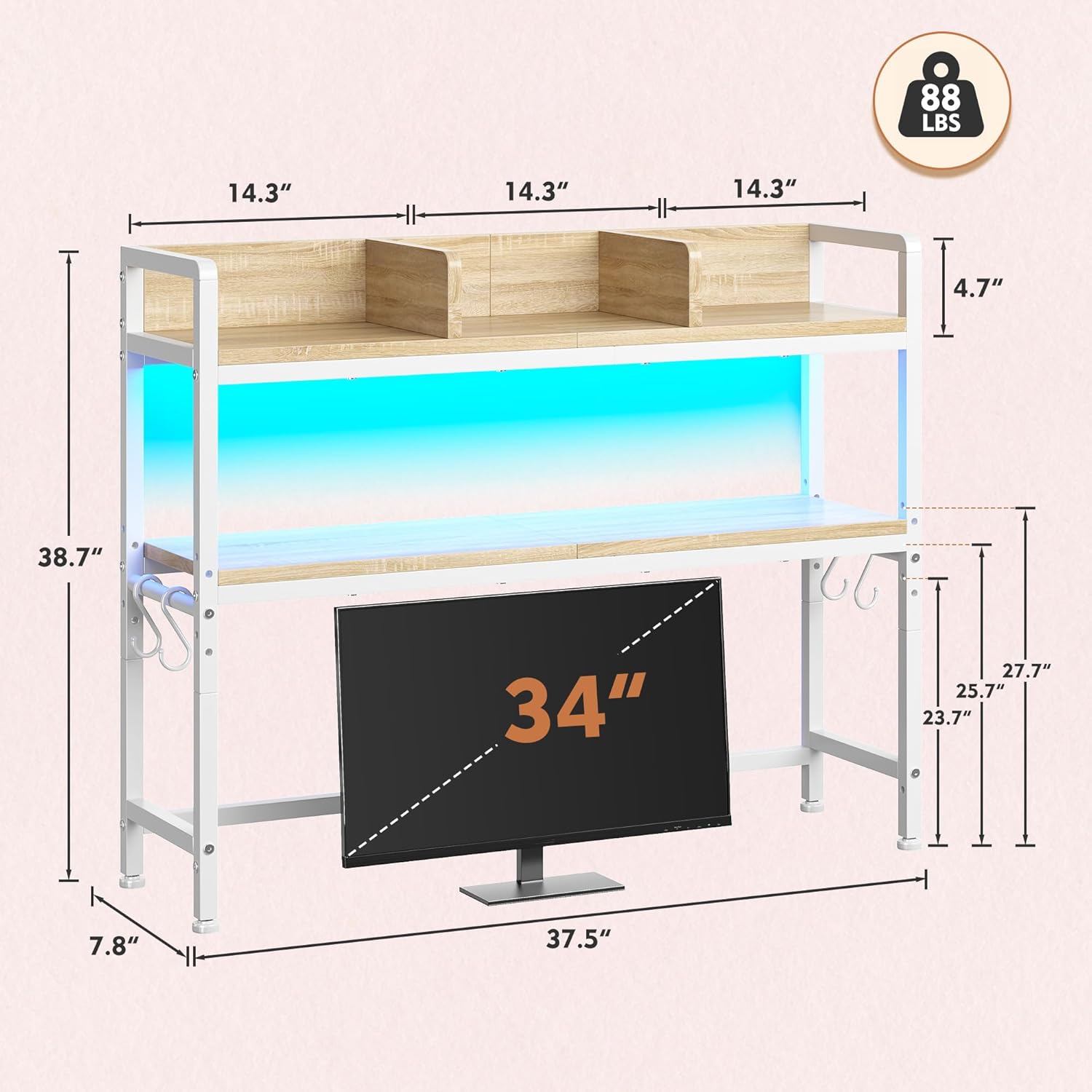 REIBII 35.5" Desk Shelf with LED Lights and Hooks,2-Tier Adjustable Multipurpose Solid Wood Desk Hutch Dorm,Desktop Organizer Rack with 3 Display Rack for Dorm,Office Home,White