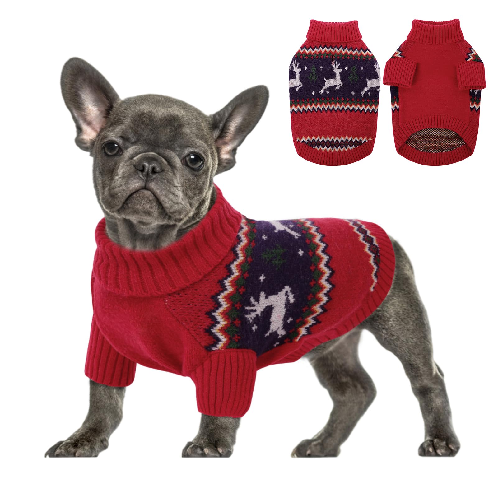 Queenmore Maglione Natale Taglia Grande Maglioncino Bassotto Caldo | Flepa A Collo Alto Ritorto - Felpa Elastica Per Bulldog Francese, Barboncino, Chihuahua, Vestiti Cane Natale Regalo, XL