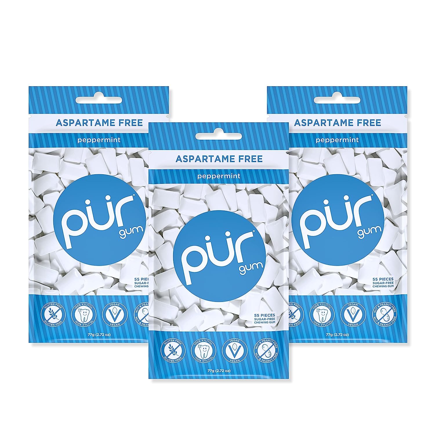 PUR Gum | Sugar Free Chewing Gum | Made with Xylitol | Vegan, Aspartame Free, Gluten Free & Keto Friendly | Natural Peppermint Flavoured Gum, 55 Pieces (Pack of 3)