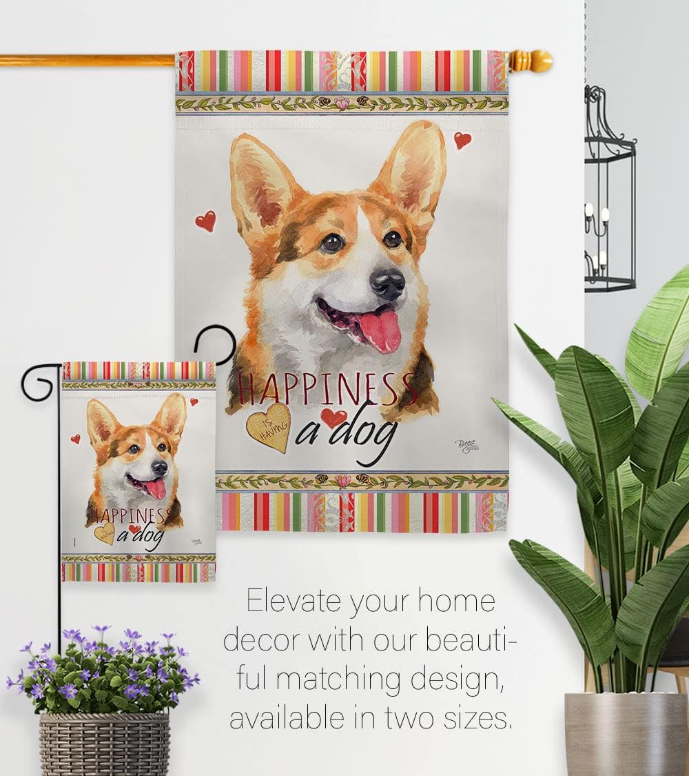 Breeze Decor Pembroke Welsh Corgi Happiness Garden House Flag-Kit Dog Puppy Spoiled Paw Canine Fur Pet Nature Farm Animal Creature Decoration Banner Small Yard Gift Double-Sided, Made in USA