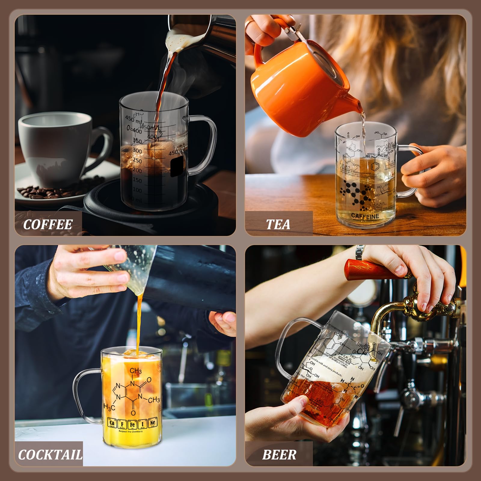 Layhit Vasos de química, vaso de cafeína, taza de vidrio grueso para café, taza de vidrio borosilicato con moléculas químicas, cristalería graduada de química con asa, regalo de ciencia farmacéutica