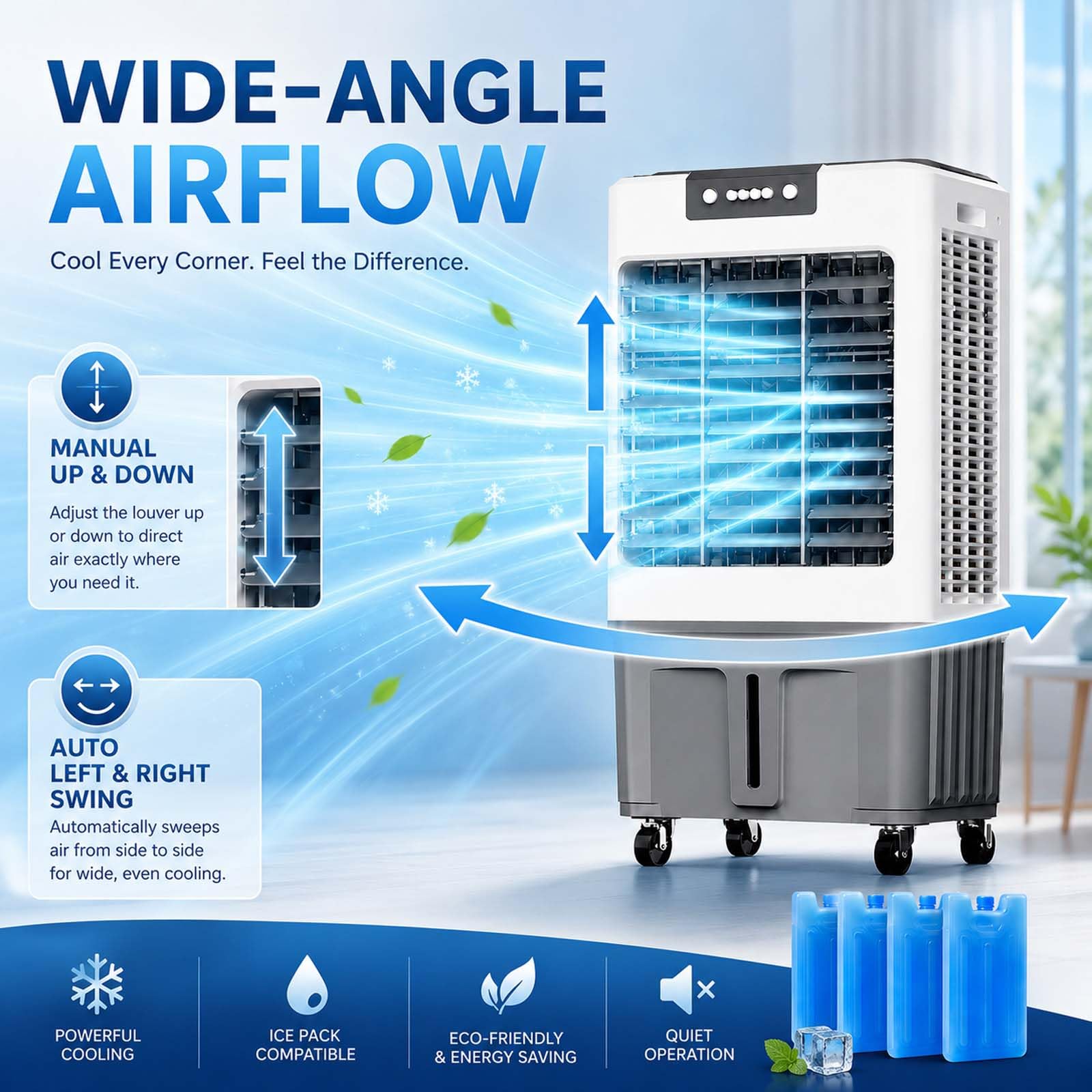 Climatizador Evaporativo Industrial, Sin Tubo con Botones, Ventilador Climatizador para Enfriar, Lamas Oscilantes, 4 Acumuladores de Frío, Temporizador 24 Horas, para Hogar y Oficina