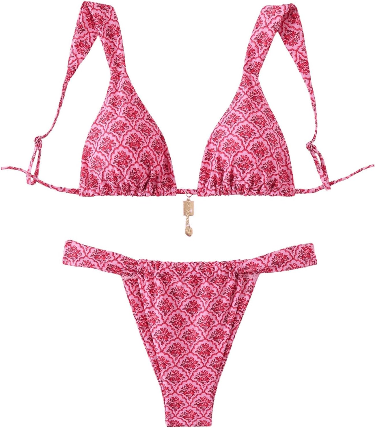 Women's 2 Piece Leopard Floral Bathing Suit Wireless Triangle Swimsuit High Waisted Bikini Sets Medium Bright Pink