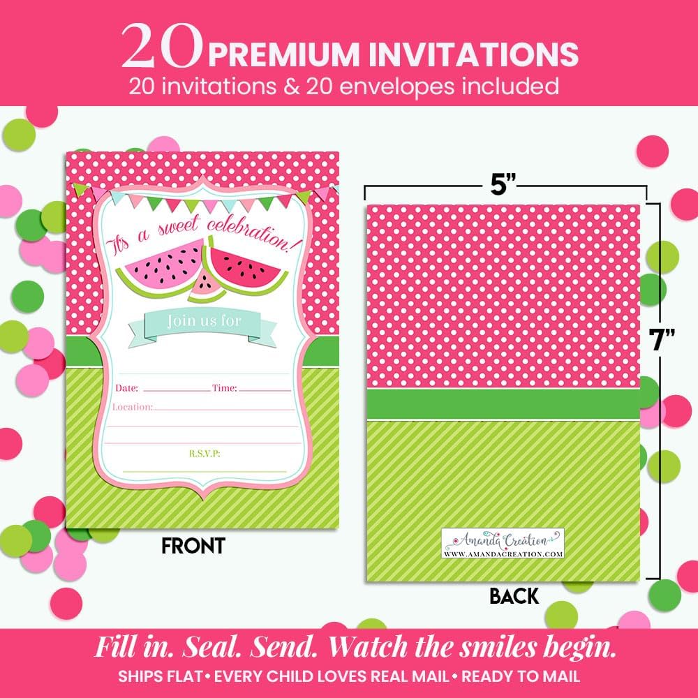 Watermelon Sweet Celebration Birthday Party Invitations, 20 5x7 Fill In Cards with Twenty White Envelopes by AmandaCreation