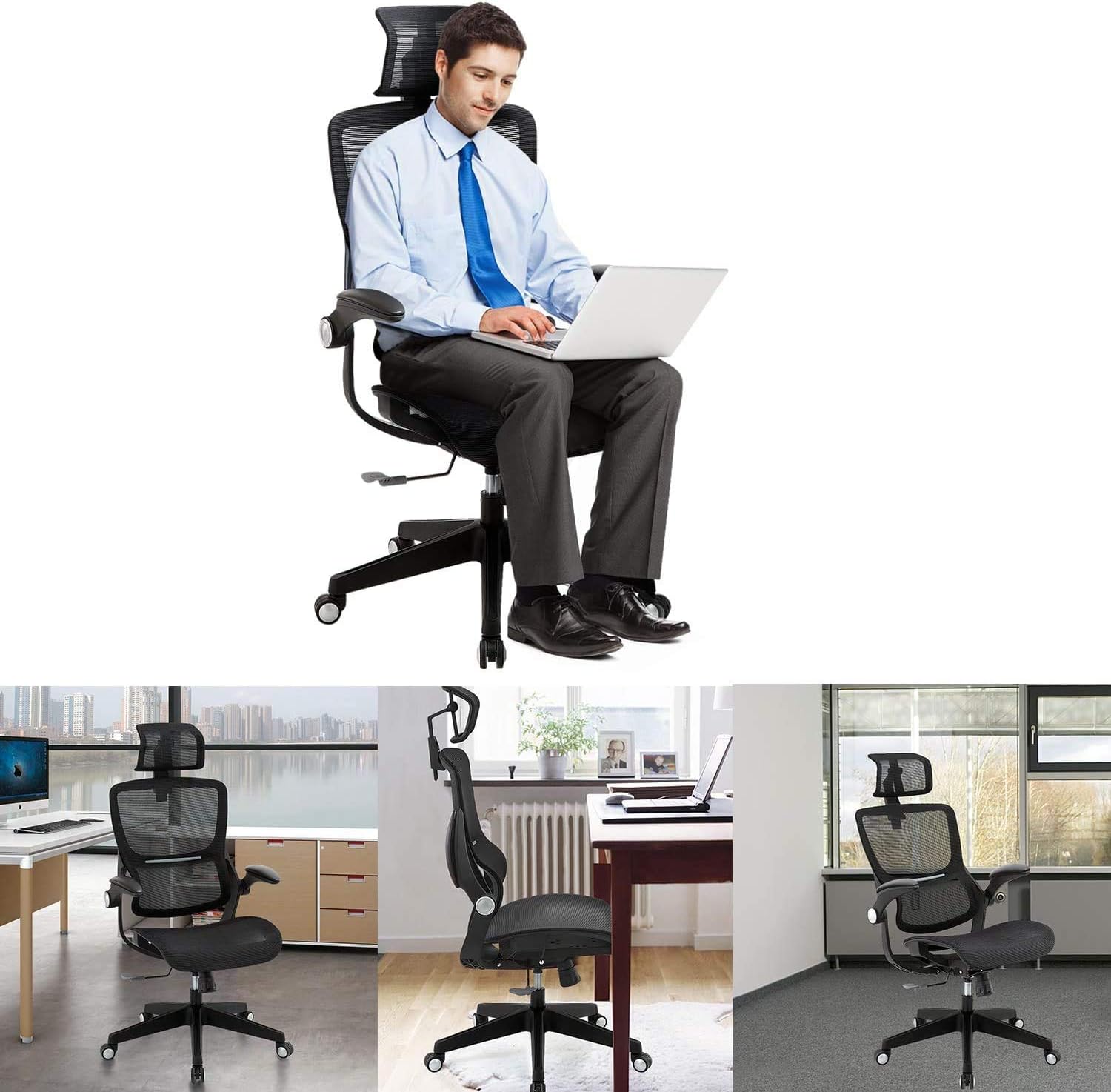 Ergonomic Office Chairs, Mesh Desk Chair with Adjustable Headrest and Seat Height, Flip-up Armrest Executive Chair, High Back Computer Chair, BIFMA Passed Task Chairs with 5-Year Warranty : Home & Kitchen