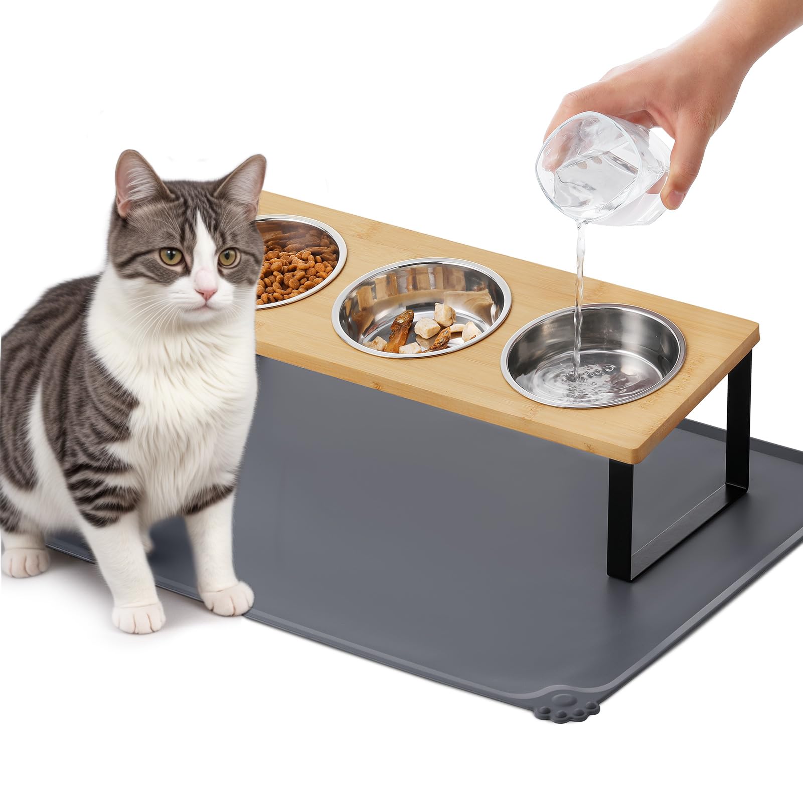 Upgraded Elevated Cat Bowls with Food Mat,15°Tilted Stand Anti Vomiting Raised Cat Dishes for Food and Water,3 Stainless Steel Bowls for Cats and Puppy