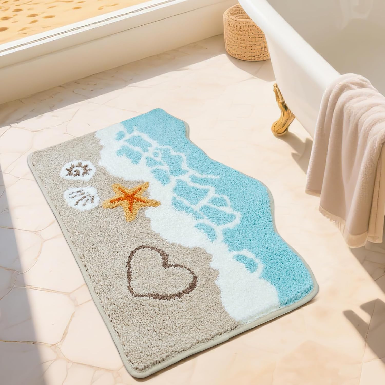 Beach Bathroom Rugs Soft Absorbent Ocean Wave Bath Mat with Non-Slip Backing Coastal Decor for Bathroom Kitchen Entryway, Blue Sea Design with Starfish Shells Pattern Bath Decor (C, 20" x 32")