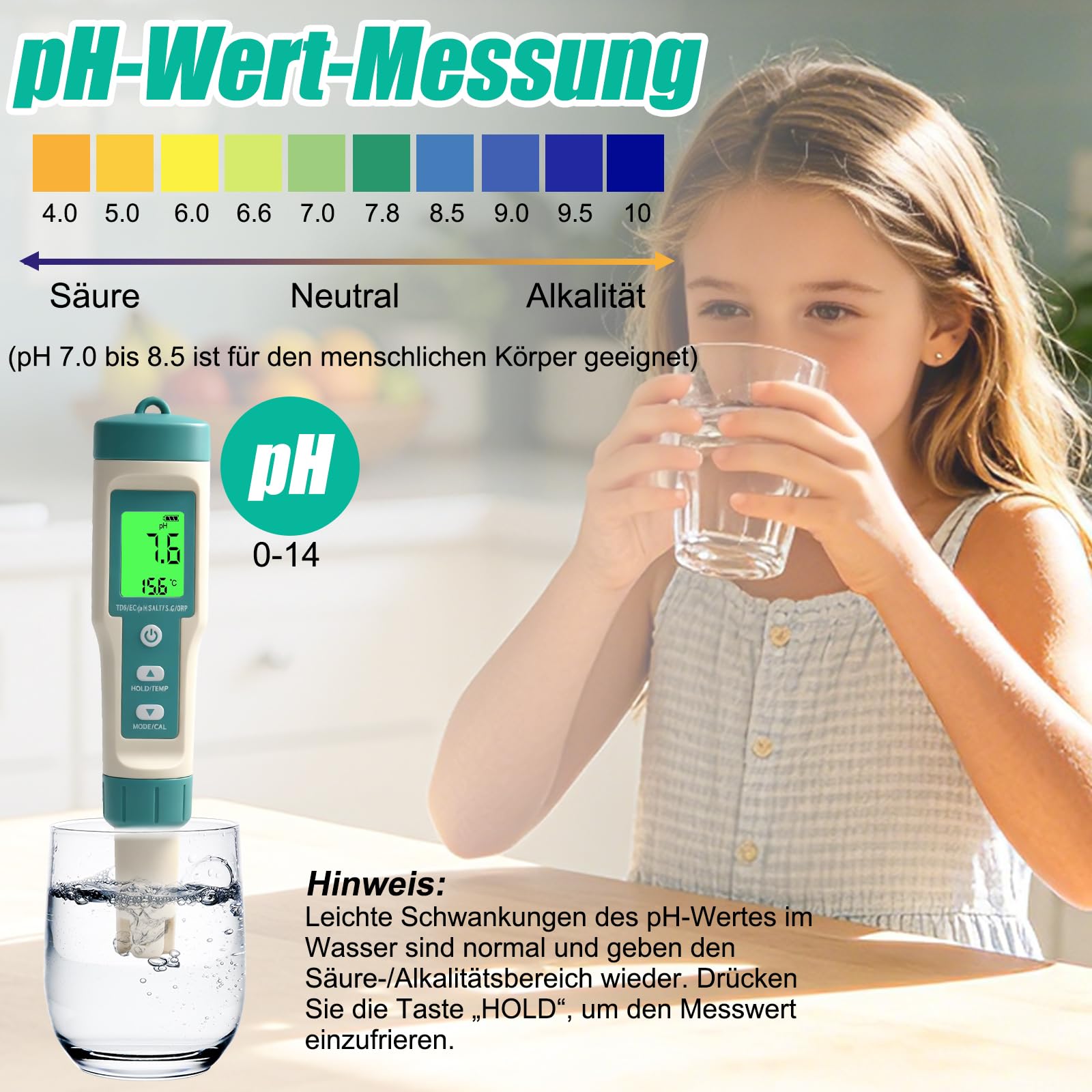 pH Salzgehalt Messgerät Pool, Pool Tester Digital 8 in 1, TDS Messgerät