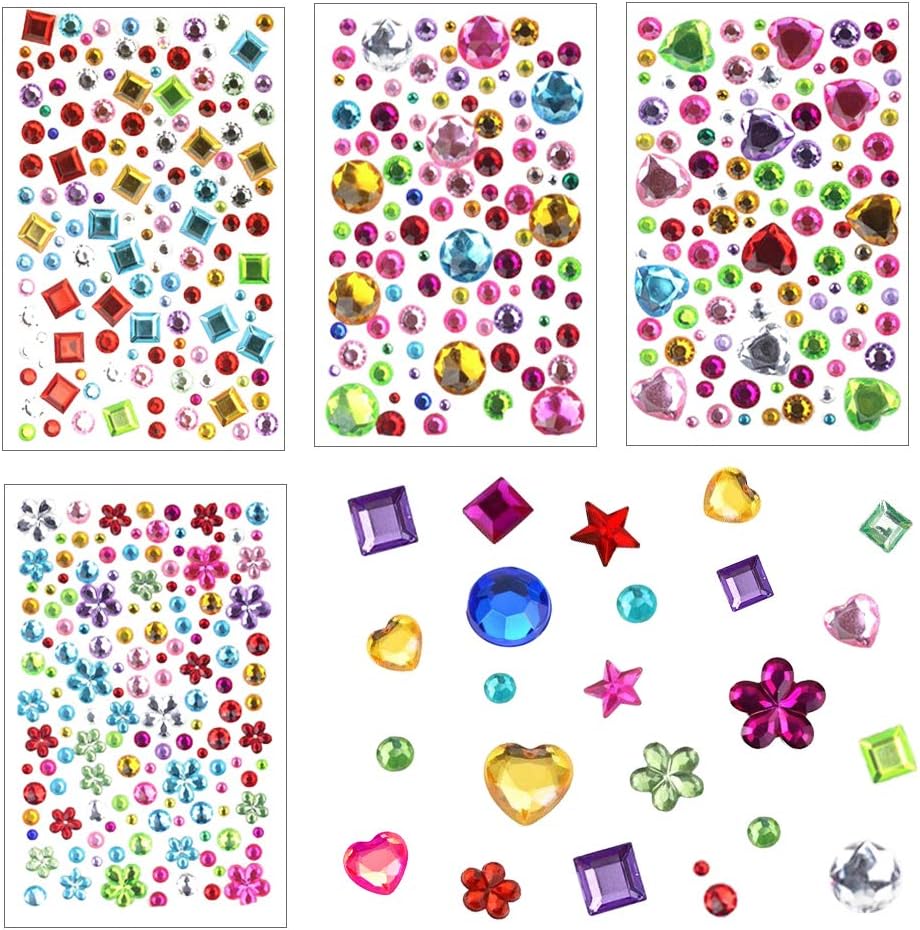 Self-Adhesive Rhinestone Sticker Bling Craft Jewels Crystal Gem Stickers for Kids Crafts Scrapbooking Decoration, Assorted Size, 4 Sheets