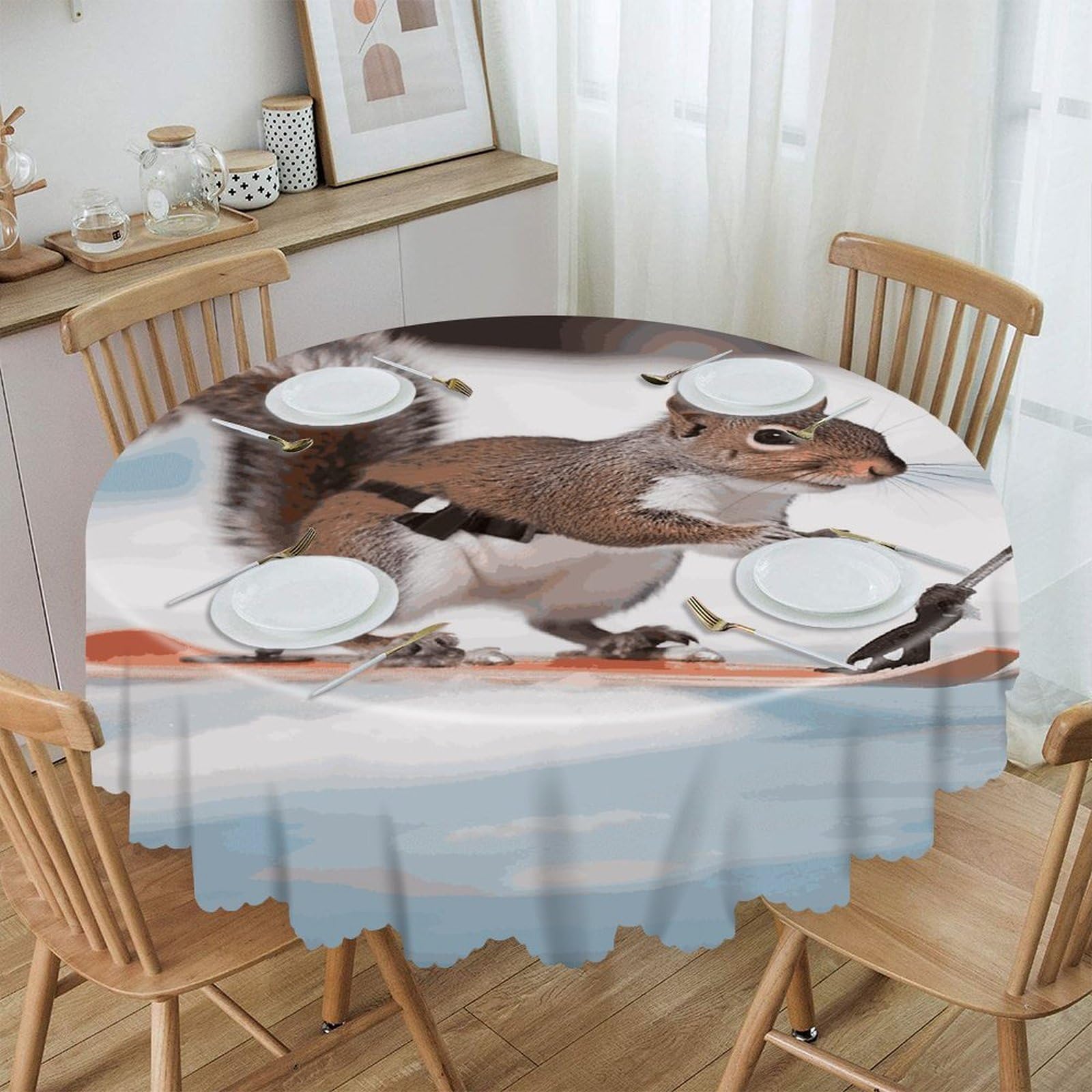 FekiLoot Skiing Squirrel Round Tablecloths 60 Inch Resistant Washable Polyester Table Cloth Style Decorative Circle Fabric Table Cover for Dining Kitchen Party Farmhouse Outdoor