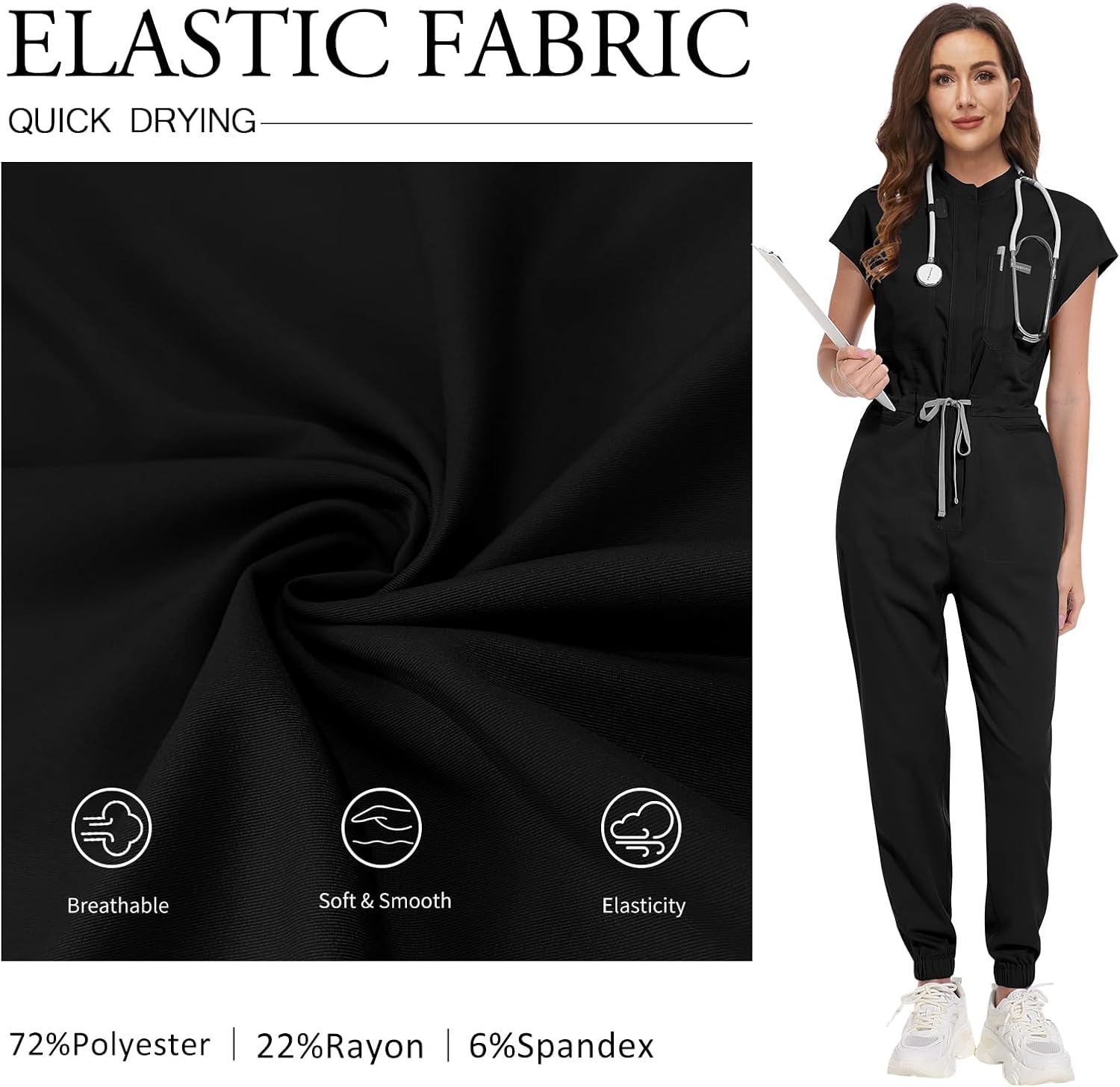 VIAOLI Scrub Jumpsuit One-piece Short-sleeved Scrub Set Belted Jogging Yoga Pants Scrub Uniforms for Women Set