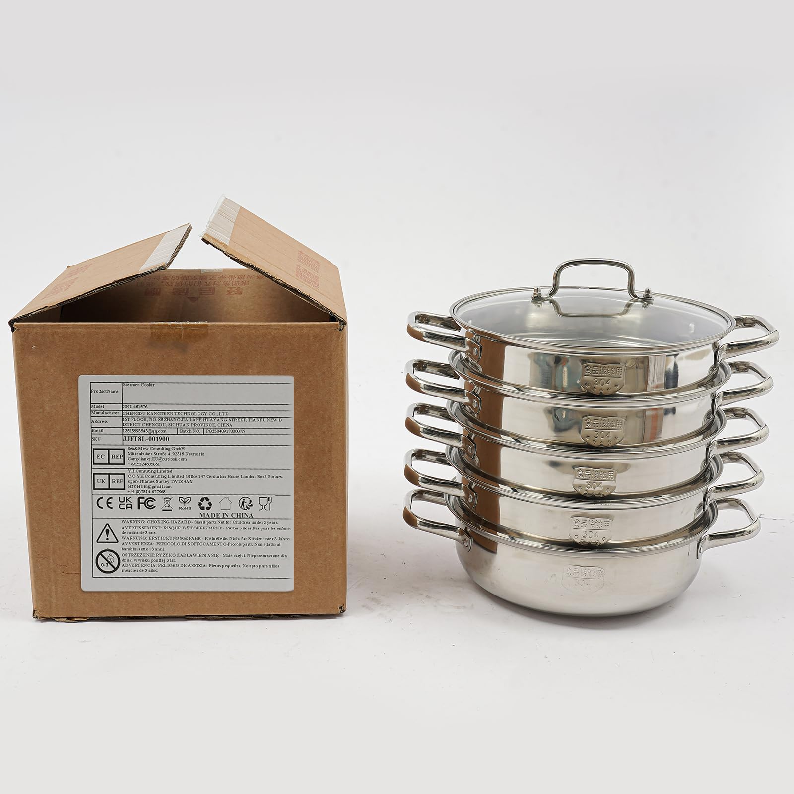 Fornello a vapore a 5 ripiani, pentola a vapore in acciaio inox con coperchio in vetro, pentola a pressione, per fornelli a gas, a induzione, fornelli elettrici (argento 28 cm)