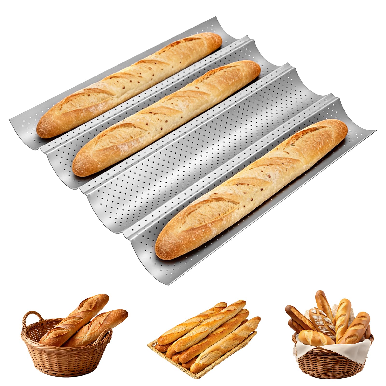 Beowanzk Baguette Baking Tray, Perforated French Stick Loaf Baking Molds, Nonstick French Bread Baking Tray, for 4 Baguettes