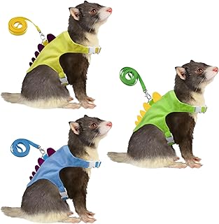 Frettchen-Geschirr und Leine, verstellbare Dinosaurier-Weste mit Glocke für kleine Haustiere, sicheres Spazierengehen für Chinchilla, Meerschweinchen, Baby-Kaninchen (Grün, Gelb, Blau), 3er-Pack