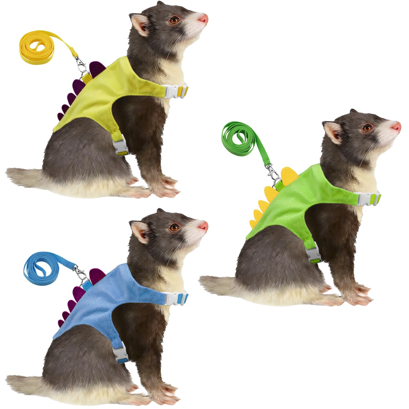 3 Pack Ferret Harness and Leash Set, Adjustable Dinosaur Vest with Bell for Small Pets, Safe Walking Outfit for Chinchilla, Guinea Pig, Baby Rabbit (Green, Yellow, Blue)