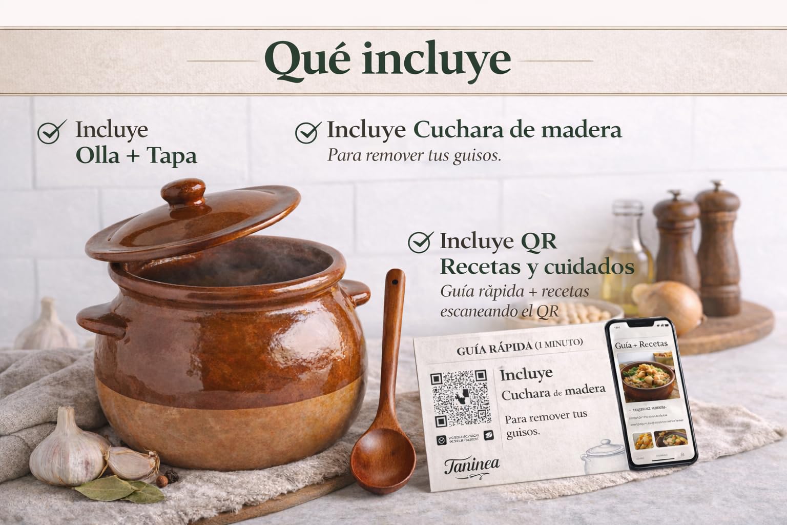 Olla/Puchero de Barro Refractario GRANDE Esmaltada 6 L – con Tapa y Asas – Incluye Cuchara de Madera + QR con Recetas y Guía – Cocción Lenta para Guisos Tradicionales