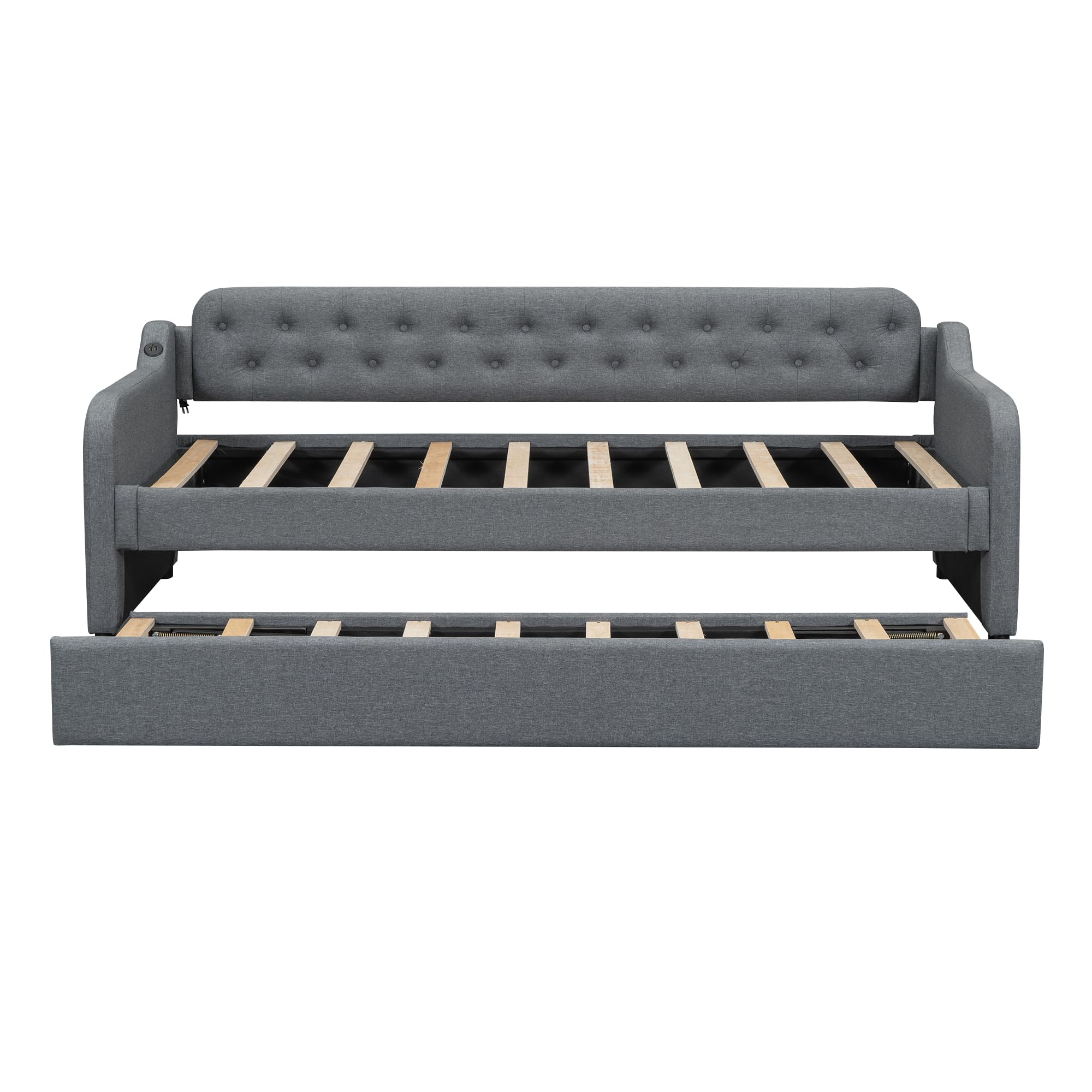 Merax Lit capitonné, 90 x 200 cm, avec lit gigogne, extensible, avec port USB, cadre de lit double avec sommier à lattes, canapé-lit, lit d'invité, lit pour adolescent, en lin, sans matelas, gris