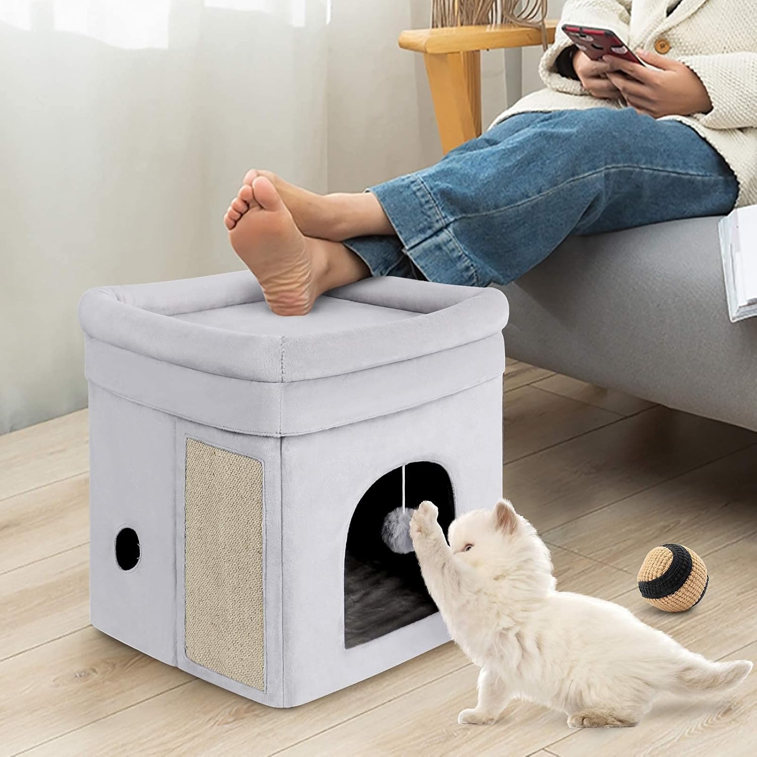 Mancro Cat Houses for Indoor Cats, Soft Comfy Cat Beds for Indoor Cats with Fluffy Ball Hanging & Scratch Pad Without Odor, Foldable Washable Cat Cave, Nonslip Cat Hideaway for Kitty, Medium Pets : Pet Supplies