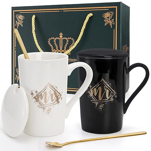 Cedilis Mr and Mrs Coffee Mugs Set for Couples, 14oz Ceramic His and Her Mugs, Elegant Wedding Gifts for Bride and Groom, Newlyweds, Anniversary, Engagement, Valentine's Day, Husband Wife Present