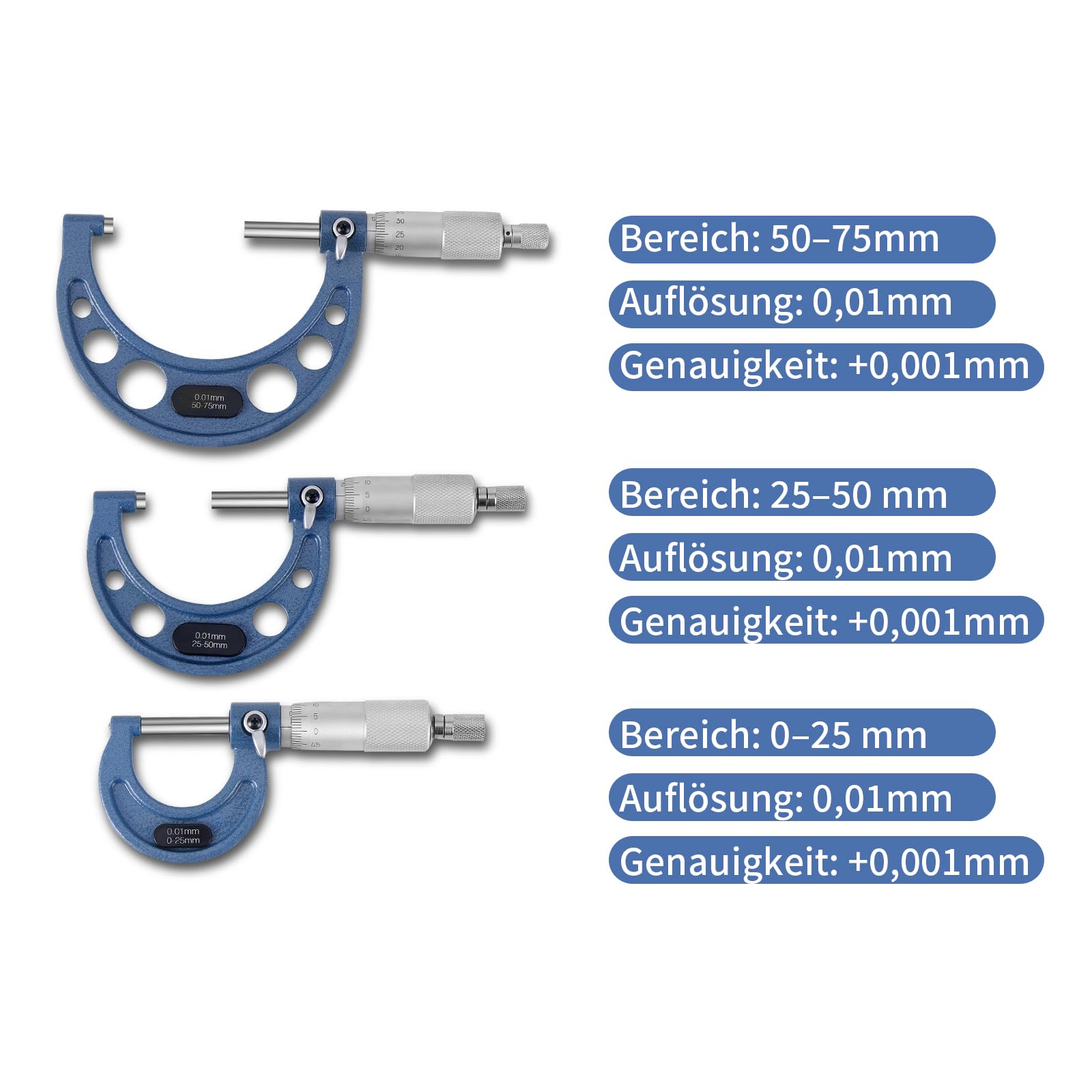 Set di 3 viti per misurazione, precisione 0,01 mm, diametro esterno micrometro in acciaio da 25 mm, asta di calibrazione da 50 mm, campo di misurazione 0-25 mm, 25-50 mm, 50-75 mm