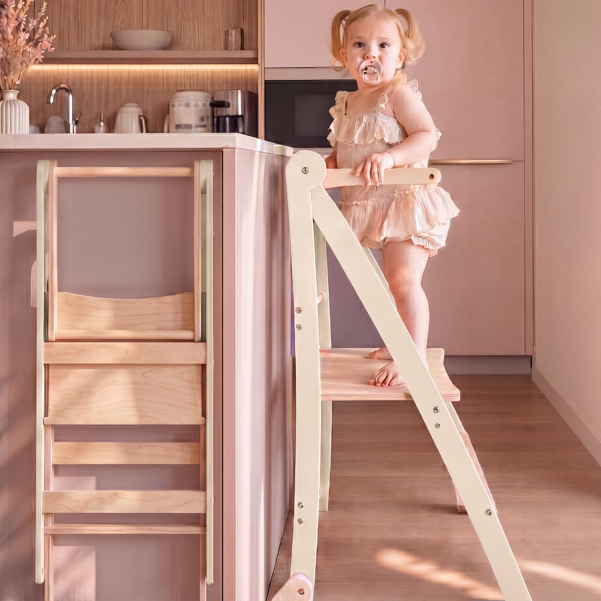 Montessori Learning Tower de madera – Torre de aprendizaje plegable para niños – Ahorro de espacio – Antideslizante – Taburete para cocina y baño – Diseño delgado