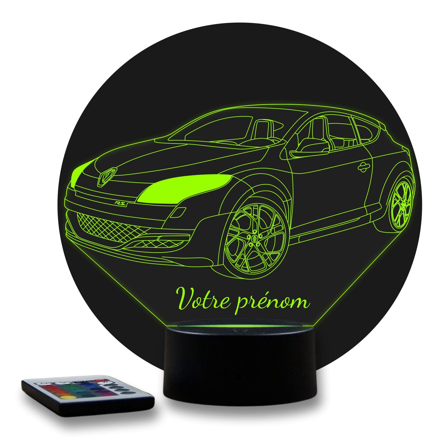 Lampe LED 3D Renault Mégane 3 RS Personnalisée Prénom – Veilleuse 16 Couleurs Télécommande