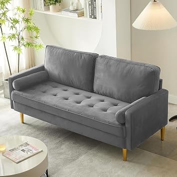 Modern Grey Velvet Loveseat Couch,Futon Small Sofa with Metal Legs,2-Seater Upholstered Mini Couches for Small Space,Living Room Bedroom Office Dorm Studio Apartment Love Seat Couche Grey