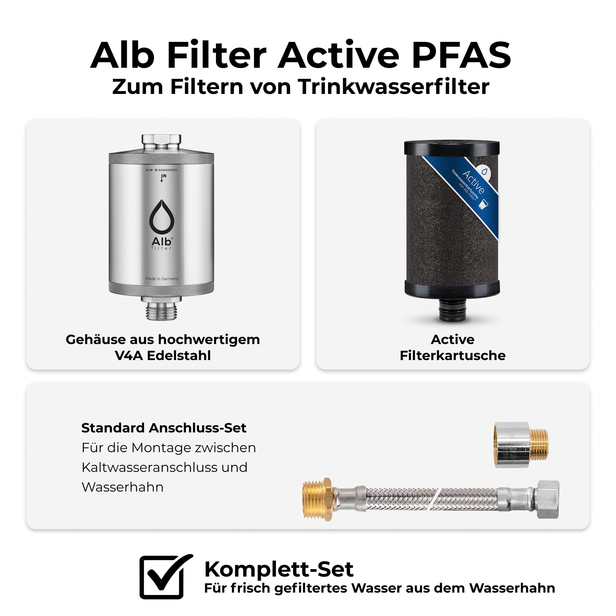 Alb Filter UNTERTISCH ACTIVE Wasserfilter Küche Edelstahl Natur | Reduziert Schadstoffe, Chlor & Geschmack, Untertischfilter Küche, Anschluss-Set Standard, Made in Germany