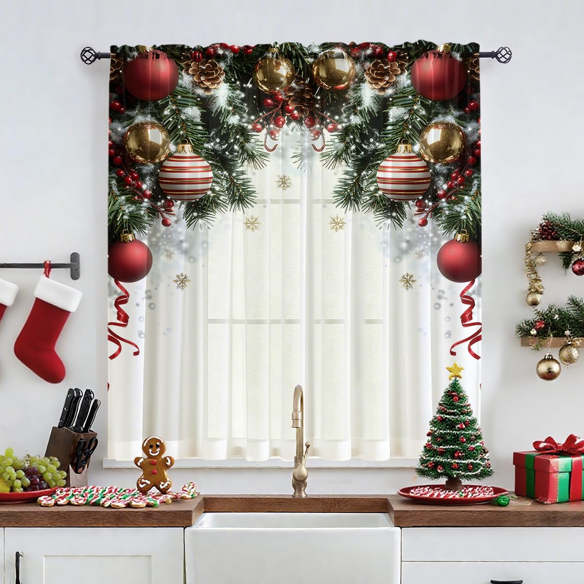 Odot Lot de 2 Rideaux Voilage Noël Semi-Transparent à Passe Tringle, 3D Aiguilles de Pin Boules de Noël Imprimé Rideaux Voilage Décoration de Maison Chambre Cuisine Salon (Couleur 6,132x241cm)