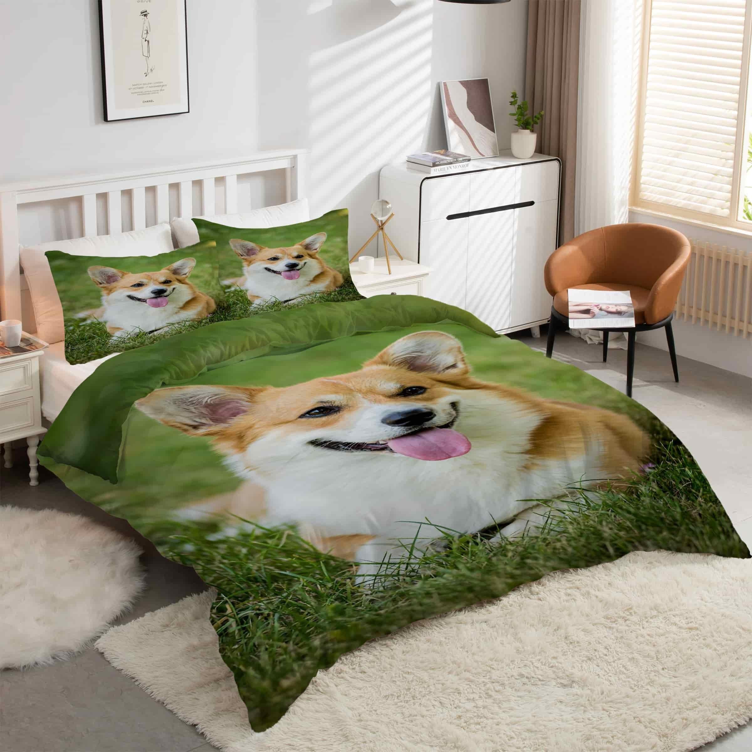 Housse de couette 200x200 corgi parure de lit animaux 3 pièces en microfibre douce