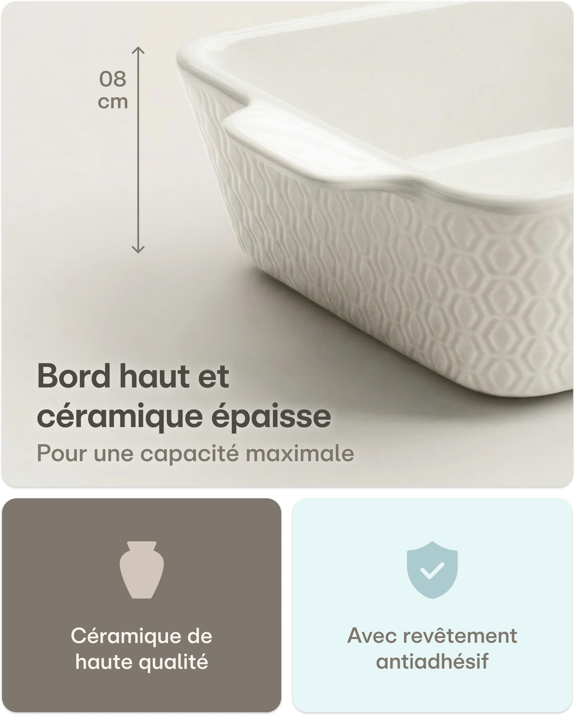 Praknu Plat à Four en Céramique Petit - Anti-adhésif et Anti-rayures - Cassolette à bords très hauts - Plat à gratin rectangulaire (Blanc)