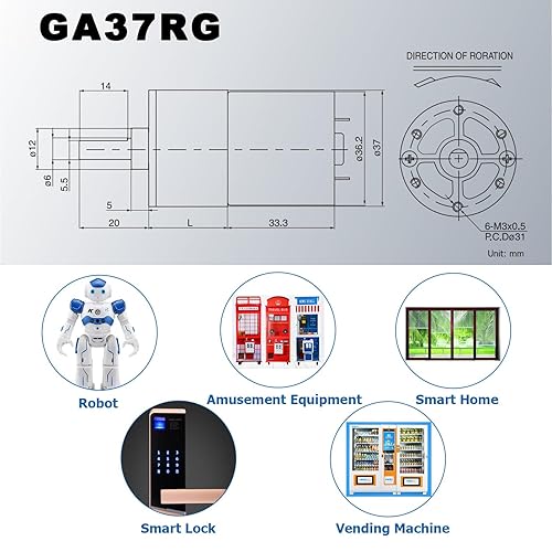 Miniatura 2 de Greartisan DC 12V 10RPM Motor de engranajes de alto par eléctrico de micro velocidad de reducción, motor de engranajes de salida central de 37mm
