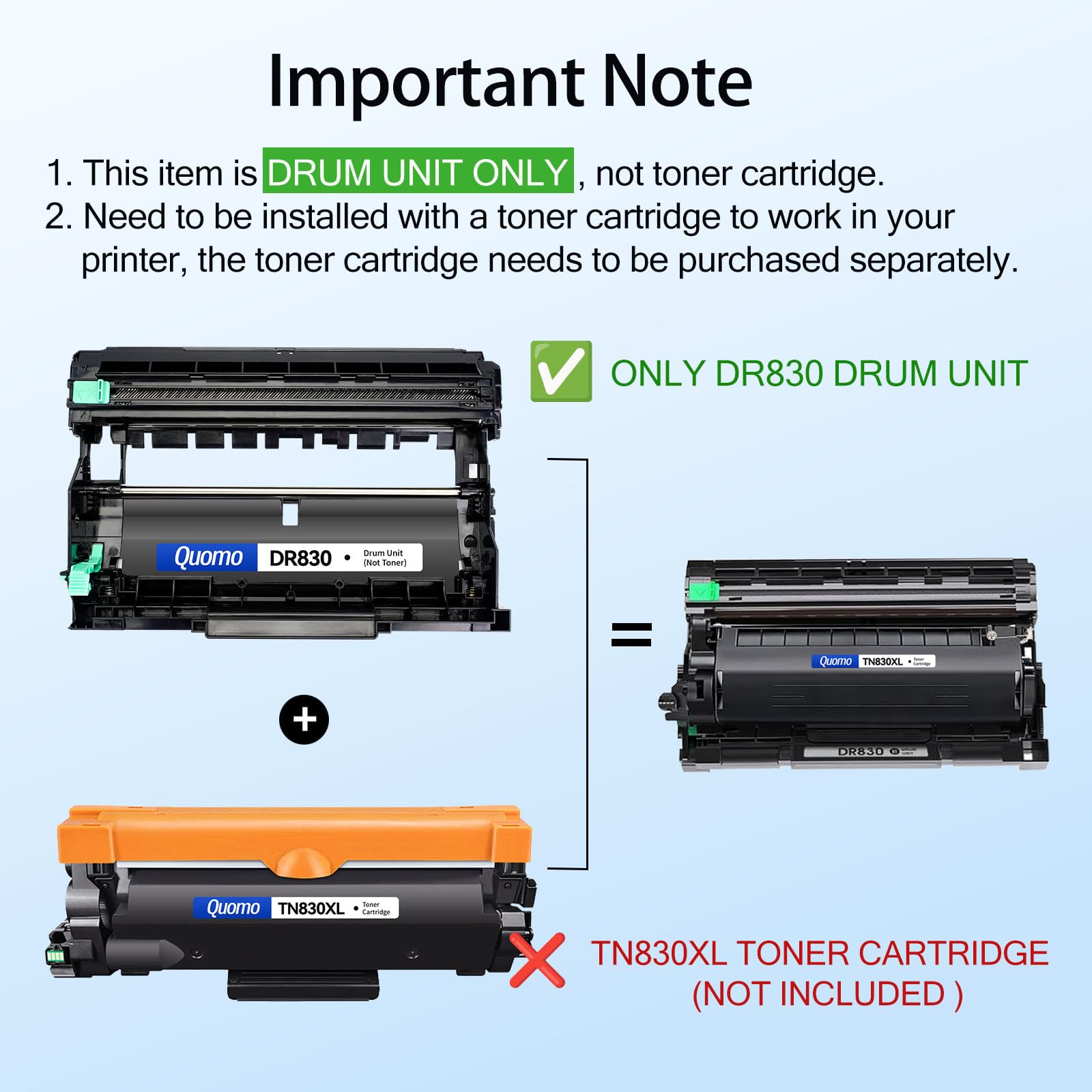 DR830 - Tamburo di ricambio per Brother DR830, TN830, TN830XL, compatibile con DCP-L2640DW HL-L2460DW XL HL-L2405W HL-L2480DW MFC-L2760DW MFC-L2820DW MFC-L2807DW HL-L2400D HL-L2865DW Stampante