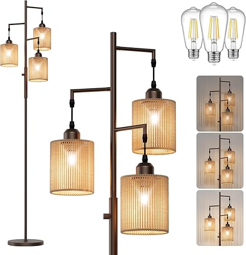 Miniatura 8 de Hotsonic 72" Tall Boho Floor Lamp, Dimmable Standing Lamp with Handcrafted Rattan Beige Shade, Industrial Tree Floor Lamps for Living Room, Bedroom,