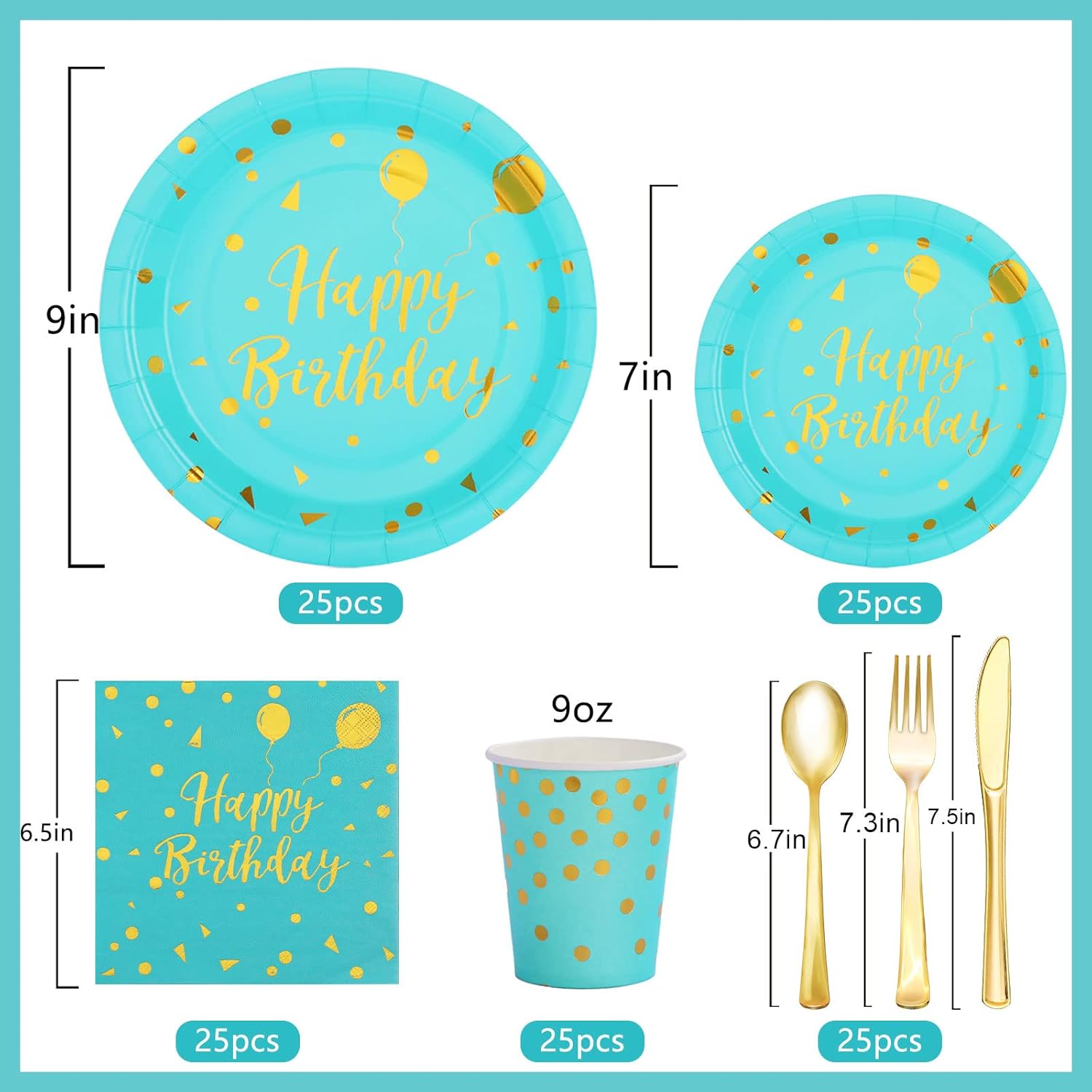 175PCS Teal and Gold Birthday Decorations, Teal Birthday Supplies Includes Disposable Paper Plates and Napkins, Cups, and Gold Plastic Sliverware for Party, Baby Shower, Serves 25