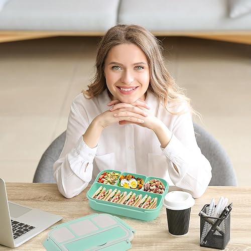 Vista 95 de Lonchera Bento para adultos, recipientes para niños y niñas con 4 compartimentos, contenedor de alimentos con utensilios, tarro de salsa, forros